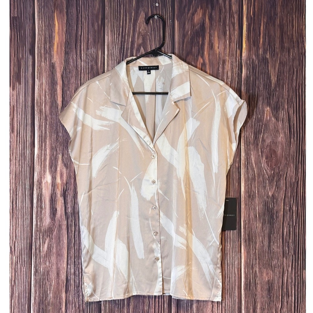 Fifty Street Blouse Womens Large Neutral Abstract Satin Button Down TB8684Y NWT